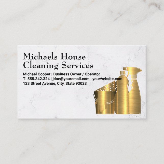 Cleaning House Tools | Golden | Marble Texture Business Card (Front)