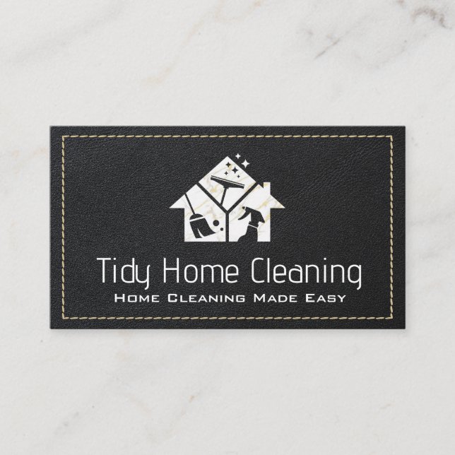 Cleaning Icons | Marble | Black Stitched Leather Business Card (Front)