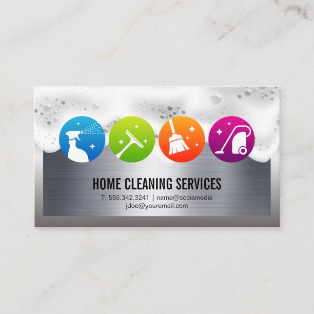 Cleaning Icons | Soap Suds | Metallic Business Card (Front)
