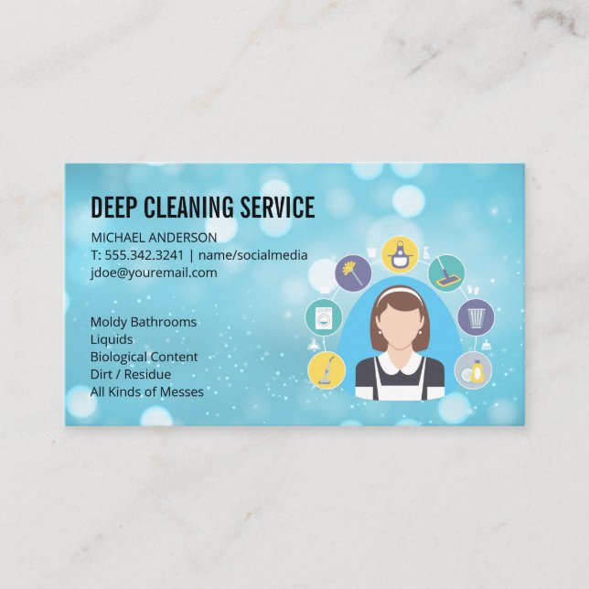Cleaning Lady | Cleaning Services Icons Business Card (Front)