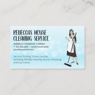 Cleaning Lady Holding Broom Sparkly Background Business Card