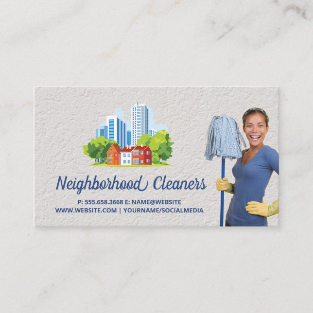 Cleaning | Maid Holding Mop | City Buildings Business Card (Front)
