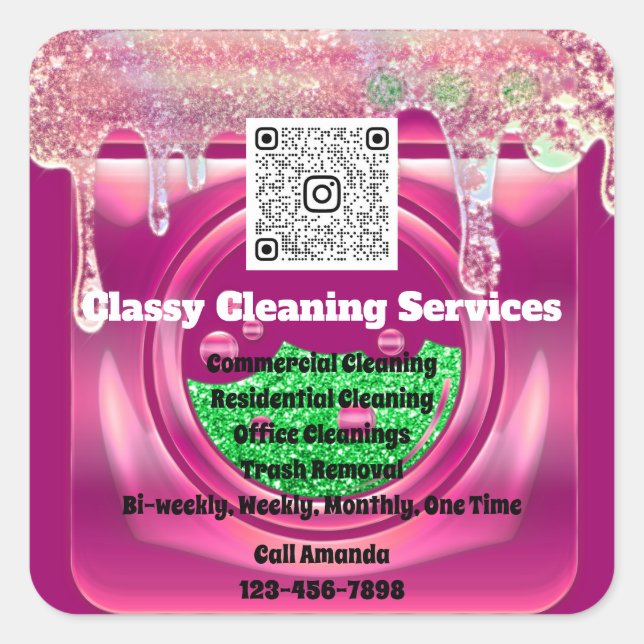 Cleaning Maid Housekeeper QRCode Logo Drips Rose Square Sticker (Front)