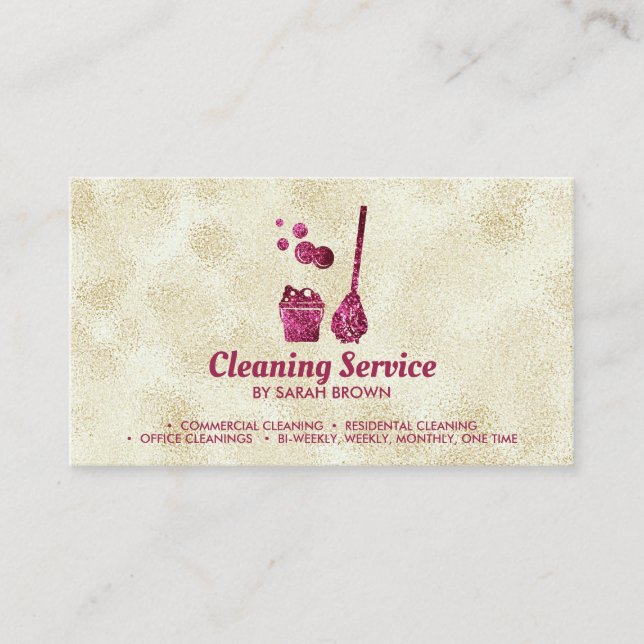 Cleaning Maid Janitorial sparkling Pink Gold Business Card (Front)