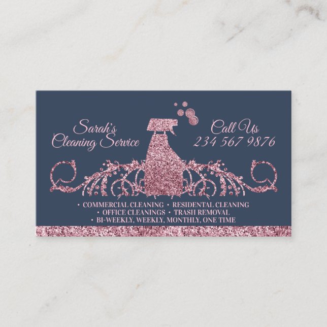 Cleaning Maid Janitorial sparkling pink navy glitz Business Card (Front)