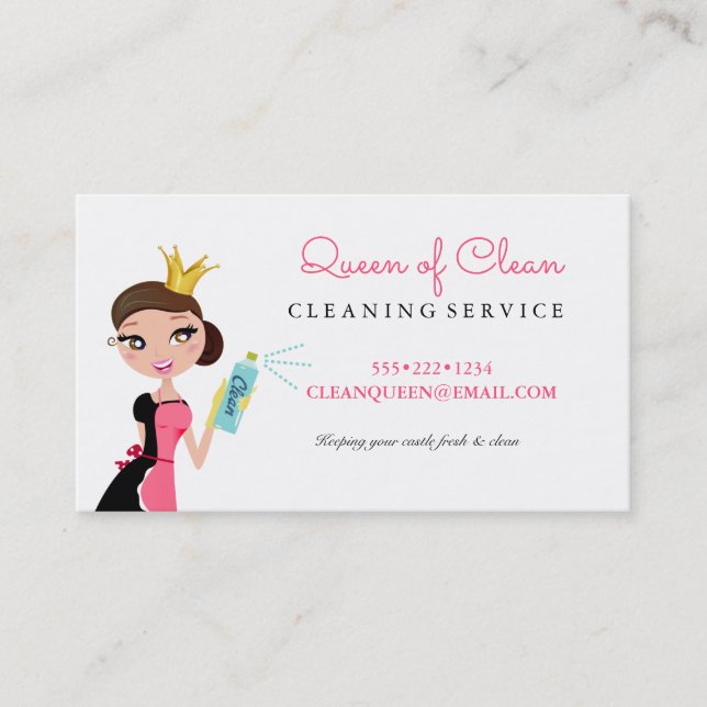 Cleaning Maid Service Brunette Character Crown Business Card (Front)