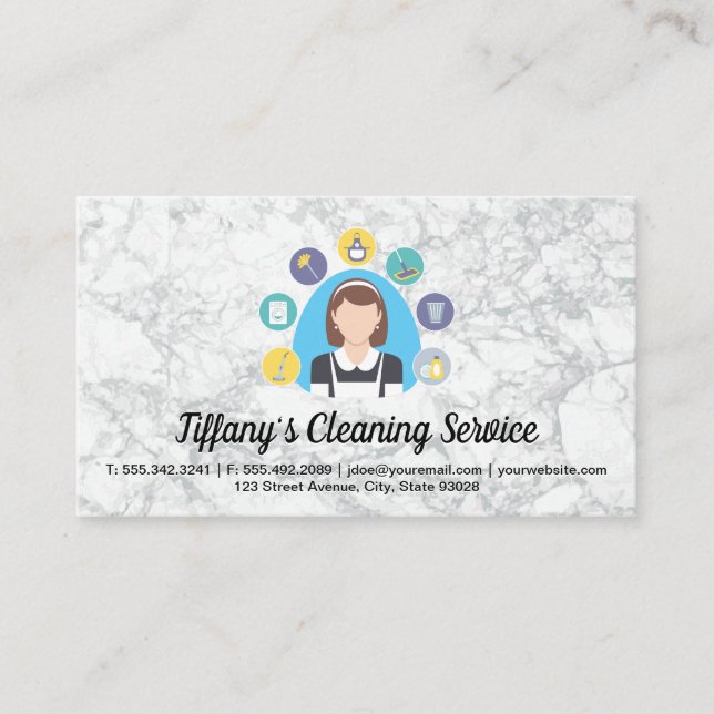 Cleaning Maid Service Icons | Marble Background Business Card (Front)