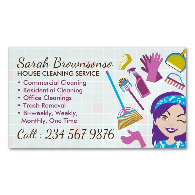 Cleaning Purple Janitorial Lady Tile Washing Magnetic Business Card (Front)