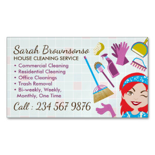 Cleaning Red Janitorial Lady Tile Washing Magnetic Business Card