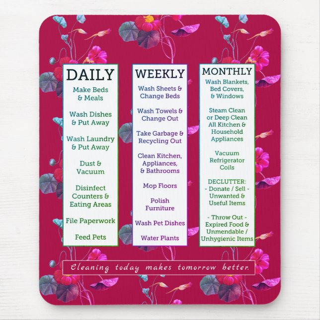 Cleaning Schedule & Affirmation Feminine Floral Mouse Mat (Front)