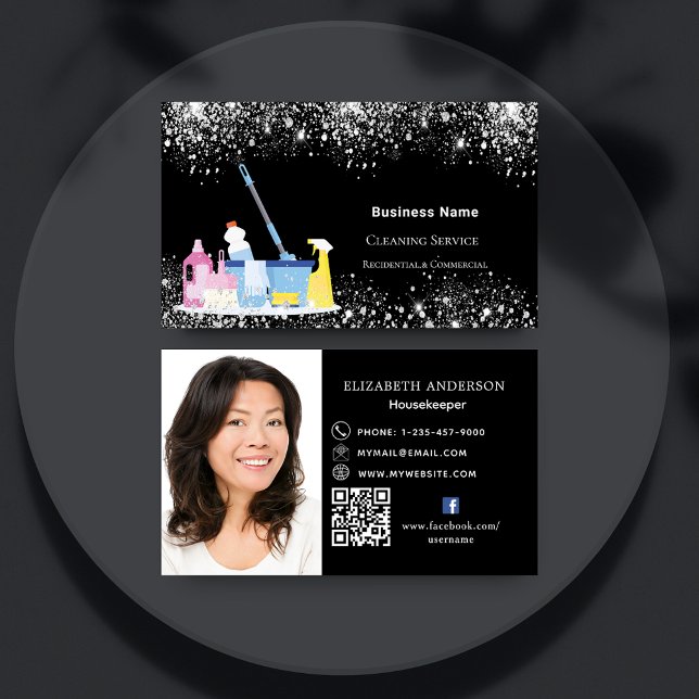 Cleaning service black glitter QR photo premium Business Card (Creator Uploaded)