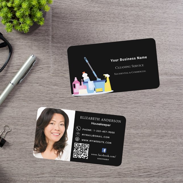 Cleaning service black QR code photo Business Card (Creator Uploaded)
