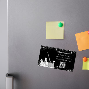 Cleaning service black silver glitter dust QR code Magnetic Business Card