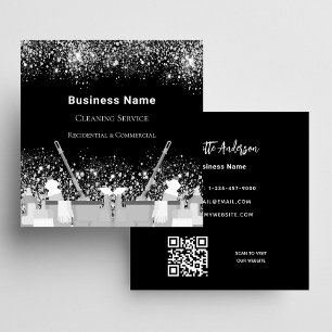 Cleaning service black silver glitter dust QR code Square Business Card