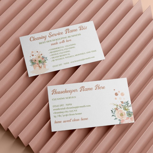 Cleaning Service Blush Pink Floral Janitorial Business Card (Cleaning Service Blush Pink Floral Janitorial Business Card)