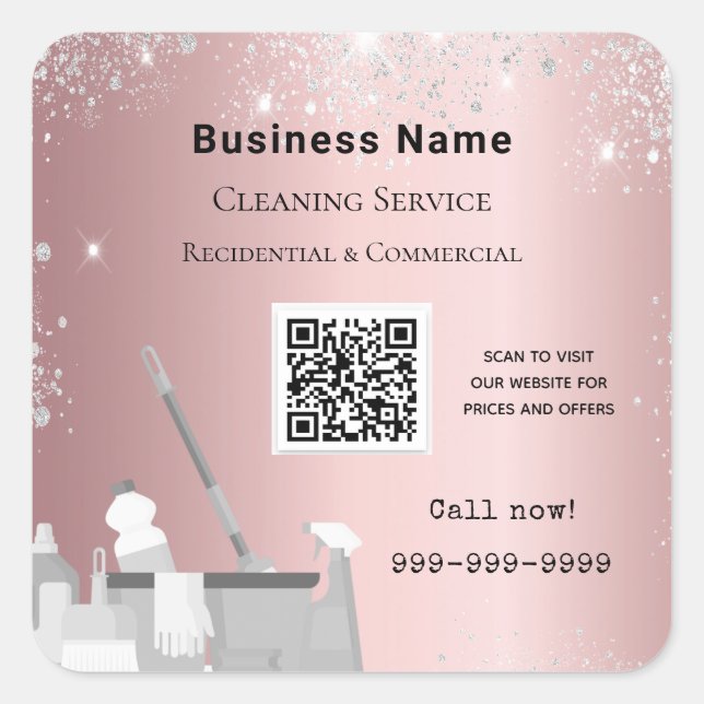 Cleaning service blush pink silver glitter dust QR Square Sticker (Front)
