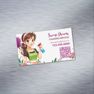 Cleaning Service Floral QR Magnetic Business Card