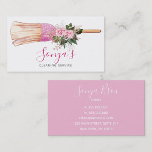 Cleaning Service Floral Watercolor Broom Business Card