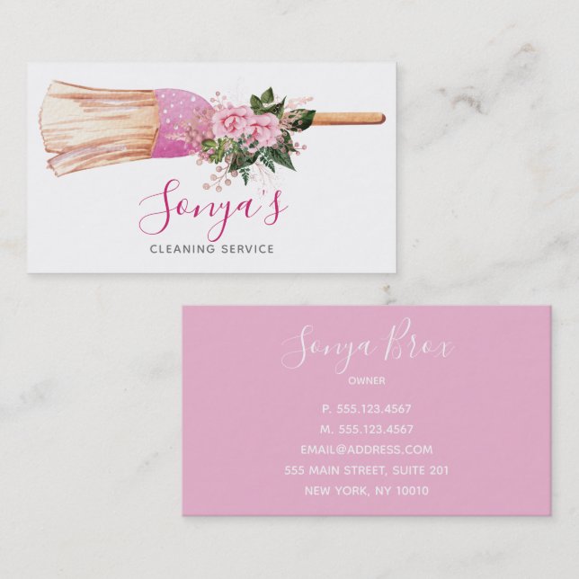 Cleaning Service Floral Watercolor Broom Business Card (Front/Back)