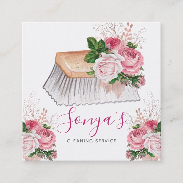 Cleaning Service Floral Watercolor Brush Square Business Card (Front)