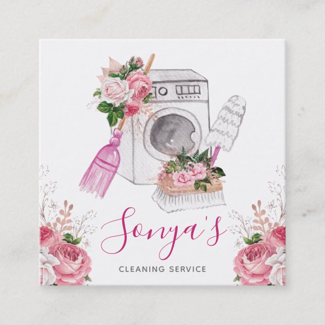 Cleaning Service Floral Watercolor Square Business Card (Front)