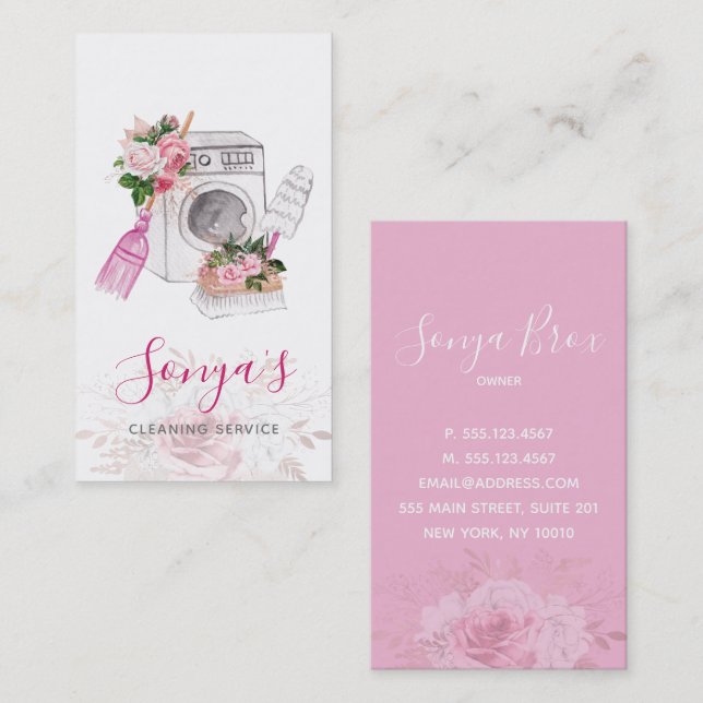 Cleaning Service Floral Watercolor Washer Business Card (Front/Back)