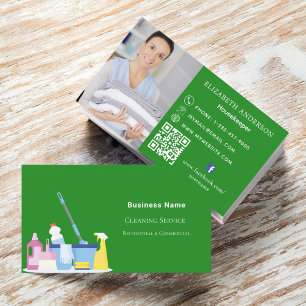Cleaning service forest green photo QR code Business Card