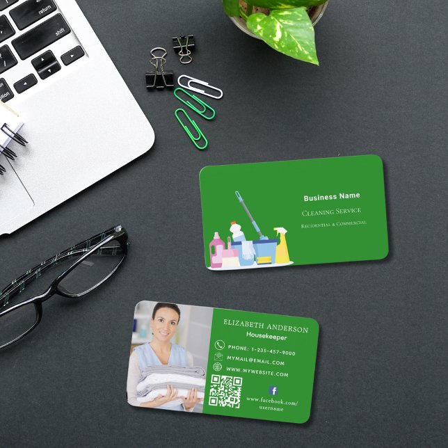 Cleaning service forest green photo QR code Business Card (Creator Uploaded)