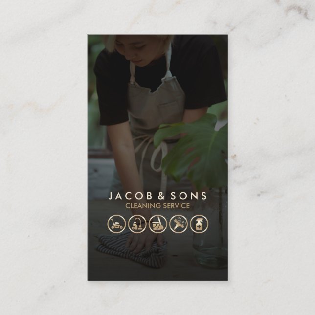 Cleaning Service Gold Icons Cleaner Business Card (Front)