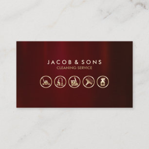Cleaning Service Gold Icons Red Metal Texture Business Card