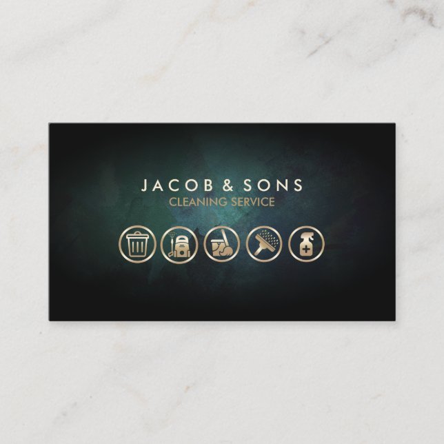 Cleaning Service Gold Icons Turquoise Grunge Busin Business Card (Front)