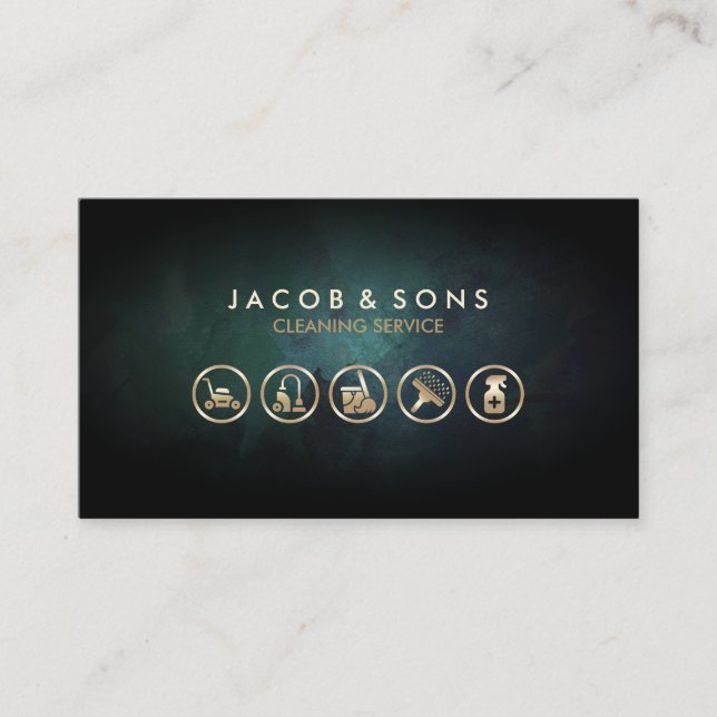 Cleaning Service Gold Icons Turquoise Grunge Business Card (Front)
