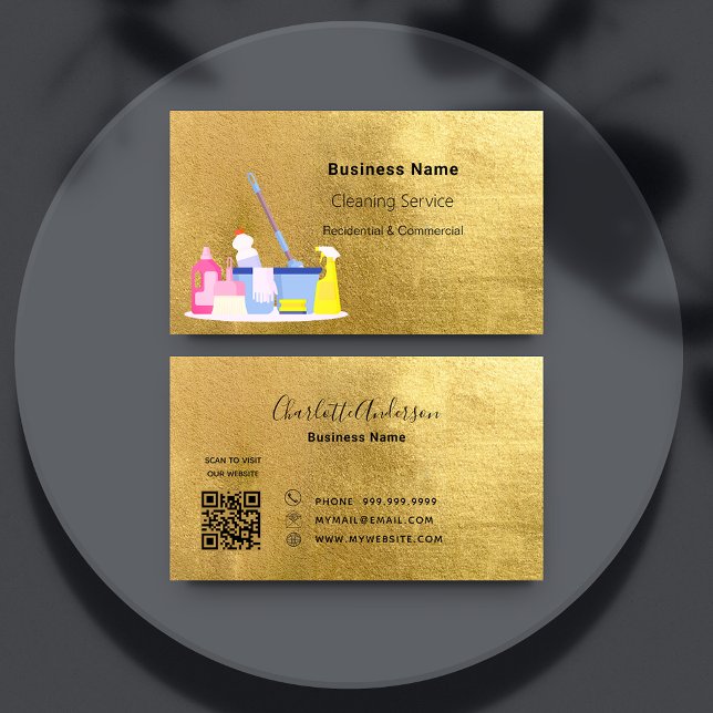 Cleaning service gold QR code Business Card (Creator Uploaded)