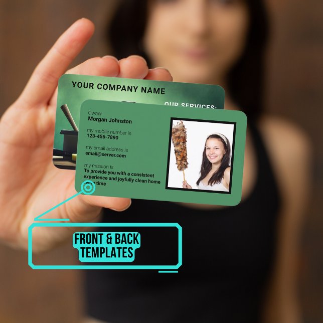 Cleaning Service Green Silhouette with Photo  Business Card (Please enjoy our business card)