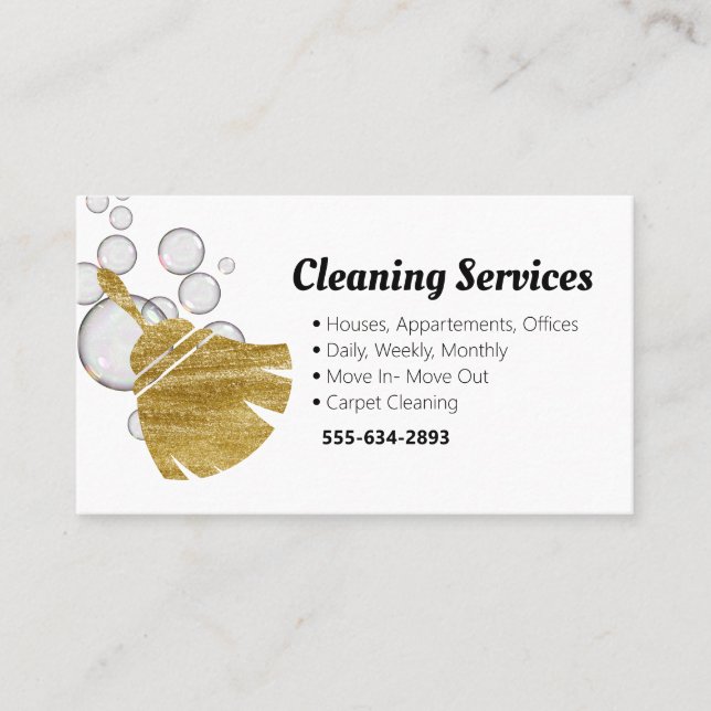 Cleaning Service Housekeeper Gold Bubbles Business Card (Front)