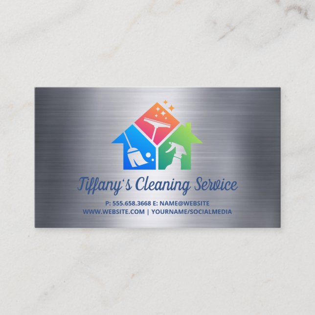 Cleaning Service Icons | Metallic Business Card (Front)