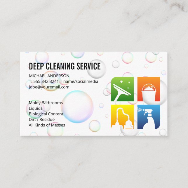 Cleaning Service Icons | Soap Bubbles Business Card (Front)