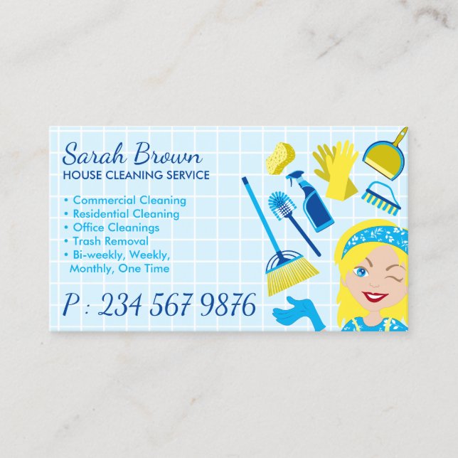 Cleaning Service Janitorial Lady Blonde Business Card (Front)