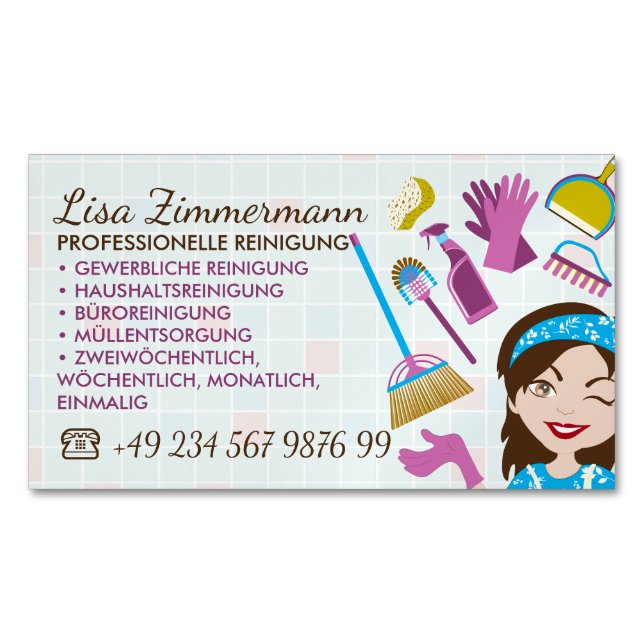 Cleaning Service Janitorial Lady German Deutch Magnetic Business Card (Front)