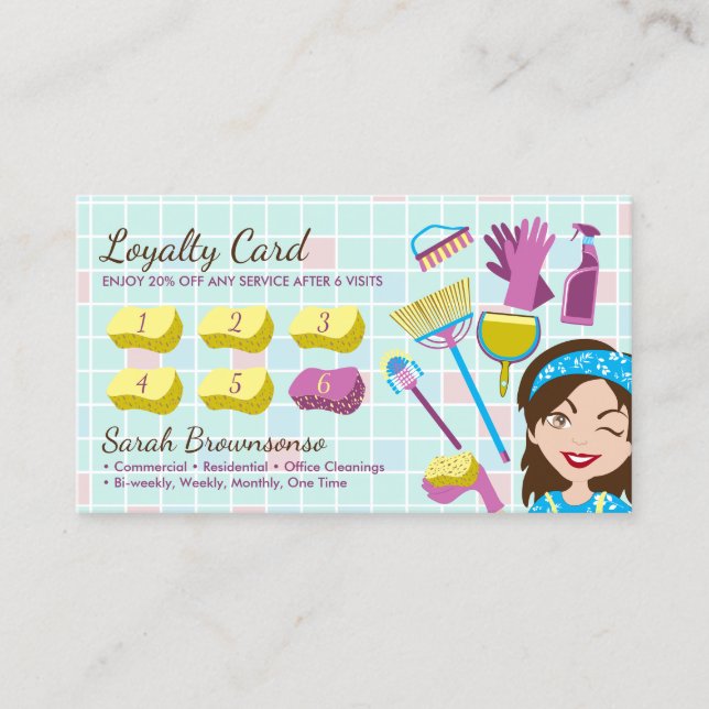 Cleaning Service Janitorial Lady Loyalty Cards (Front)