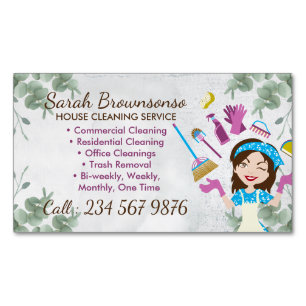 Cleaning Service Janitorial Lady Washing Botanical Magnetic Business Card