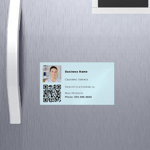 Cleaning service light blue photo QR code Magnetic Business Card
