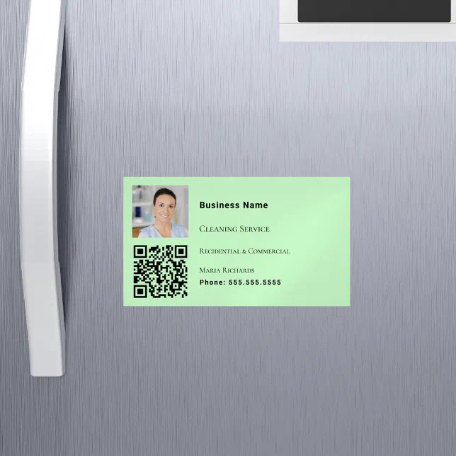 Cleaning service light green photo QR code Magnetic Business Card | Zazzle