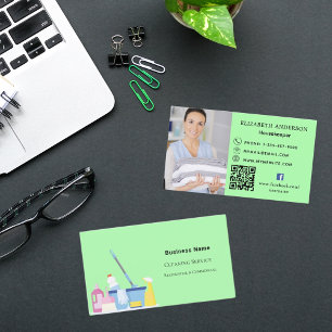 Cleaning service light green photo QR code premium Business Card
