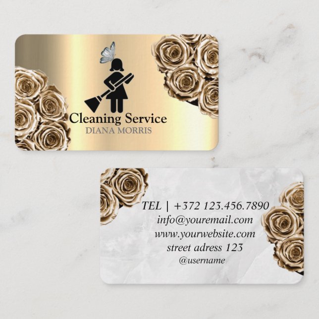 Cleaning Service Maid House Keeping Gold Glitter Business Card (Front/Back)