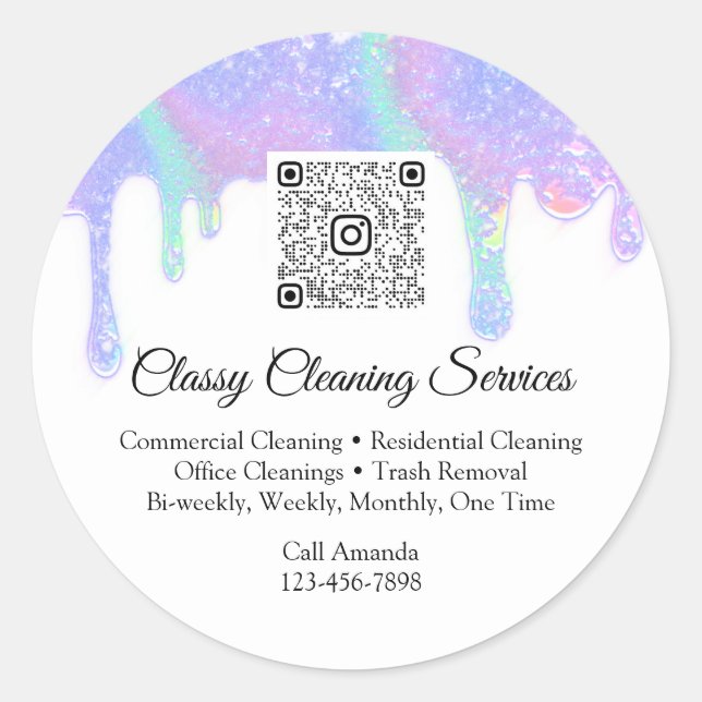 Cleaning Service Maid Housekeeper QRCode Drip Blue Classic Round Sticker (Front)