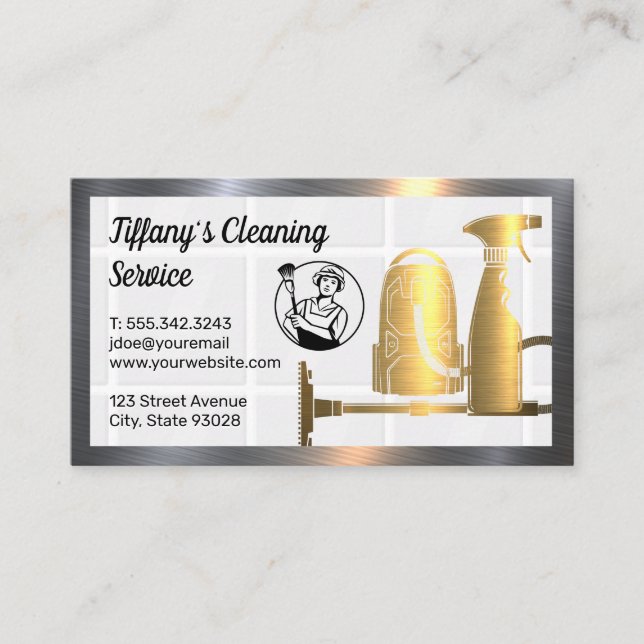 Cleaning Service Maid Icon | Vacuum | Spray Bottle Business Card (Front)