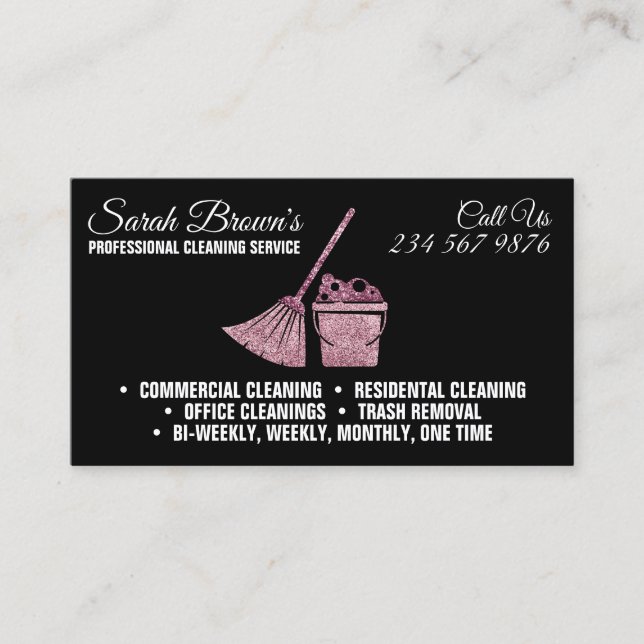 Cleaning Service Maid Janitorial black sparkling Business Card (Front)