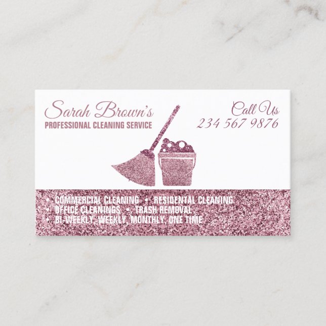 Cleaning Service Maid Janitorial pink sparkle Business Card (Front)