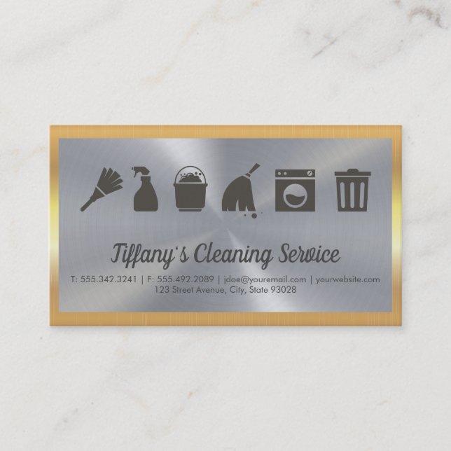 Cleaning Service | Maid Supplies | Gold Border Business Card (Front)